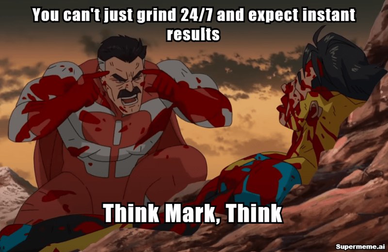 Omni-Man confronts injured Mark beneath a warning that nonstop grinding cannot produce instant results