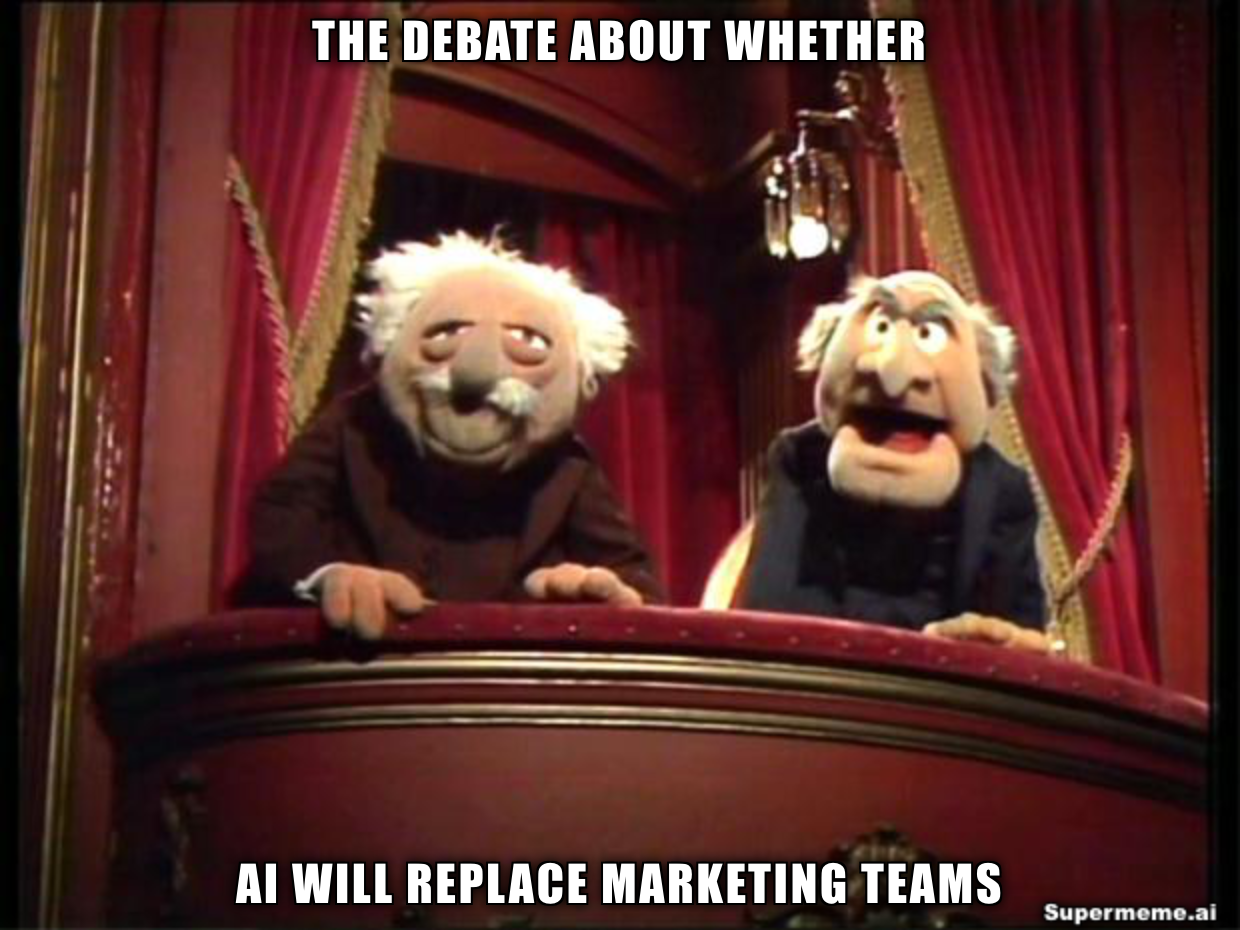 Statler and Waldorf debate from a theater box beneath text about AI replacing marketing teams