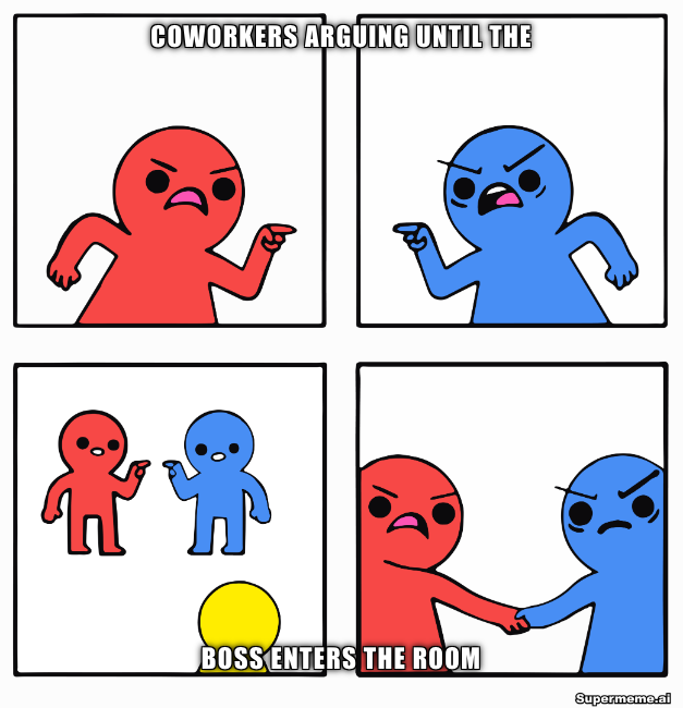 Four-panel coworker meme where two angry figures shake hands as soon as the boss enters the room