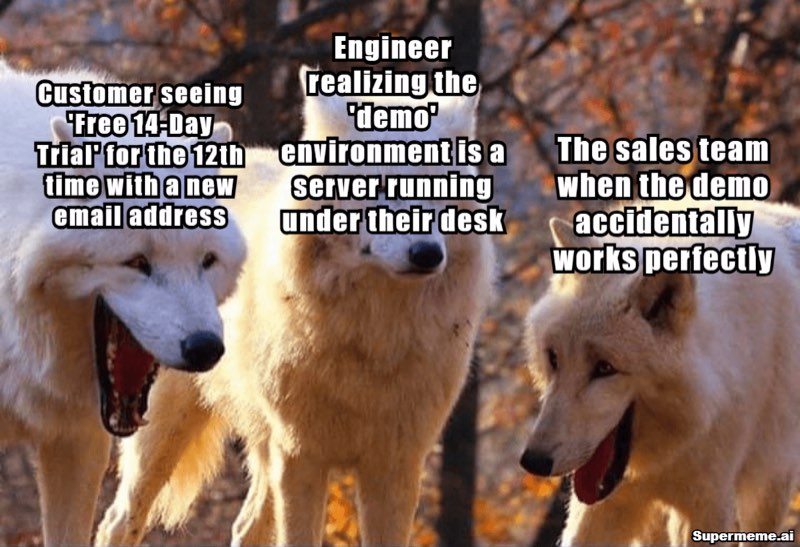 Saas meme: The entire SaaS org chart reacting to one demo, in three wolves.
