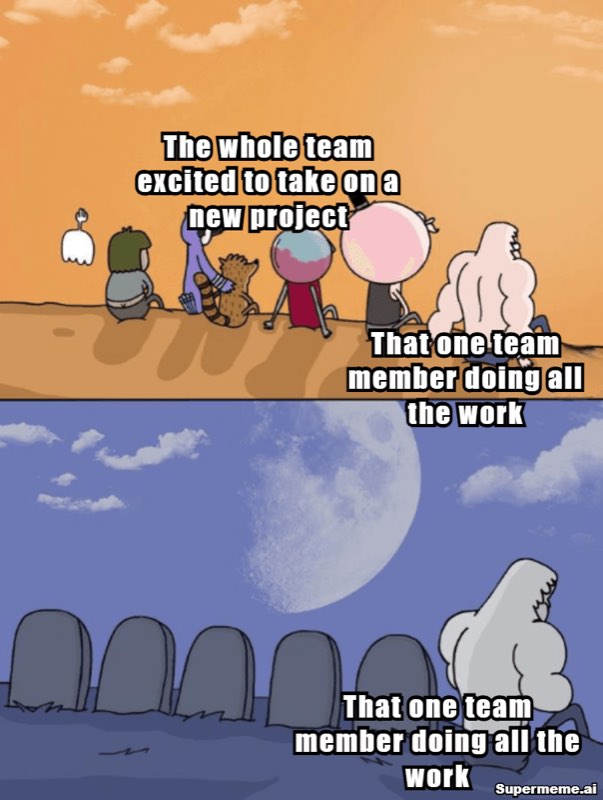 Teamwork meme: Every group project’s org chart, day one versus ship day.
