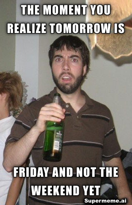 Confused man with a bottle realizing tomorrow is Friday but not the weekend