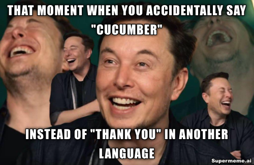 Laughing Elon Musk collage about accidentally saying 'cucumber' instead of 'thank you' in another language