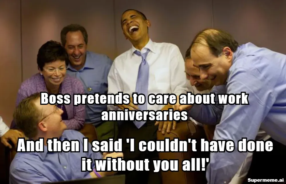 Barack Obama laughing with staff as a boss pretends to care about work anniversaries