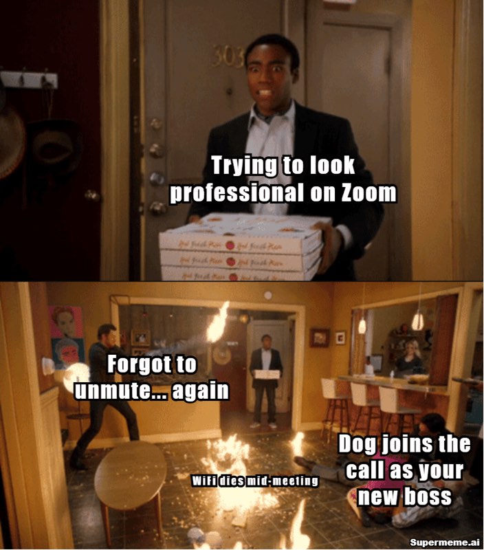 Community apartment chaos meme about looking professional on Zoom before mute, Wi-Fi, and dog disasters